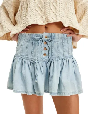 Wanzetaly Women's Casual A-Line Denim Skirts High Waisted Pleated Ruffle Short Mini Jean Skirt