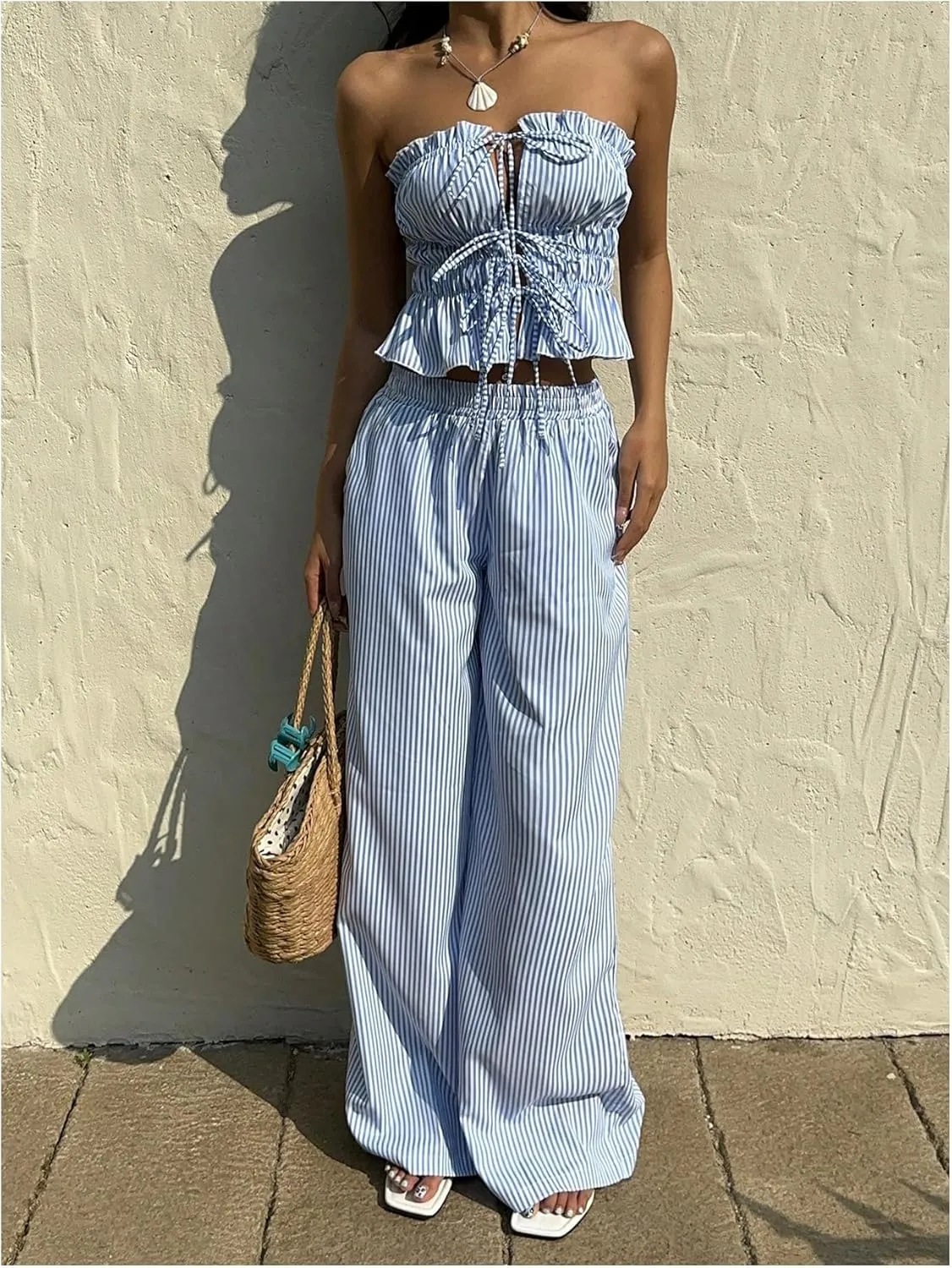 WDIRARA Women's 2 Piece Set Striped Strapless Bandeau Wide Leg Pants Pants Outfits