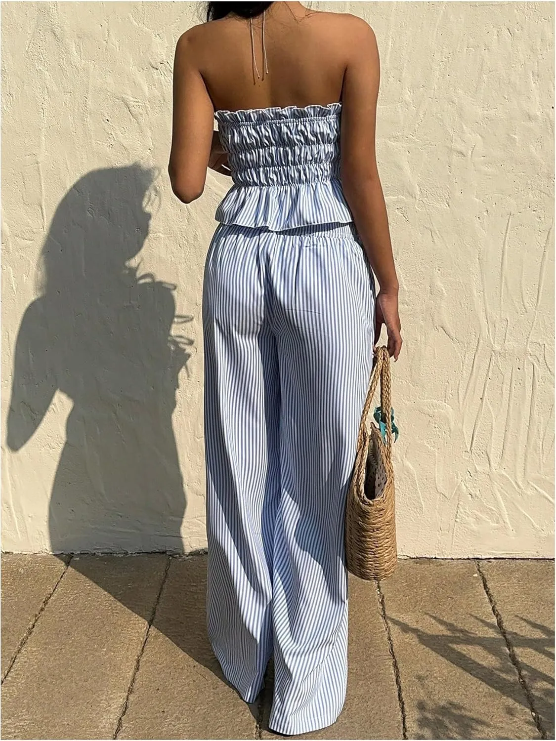 WDIRARA Women's 2 Piece Set Striped Strapless Bandeau Wide Leg Pants Pants Outfits