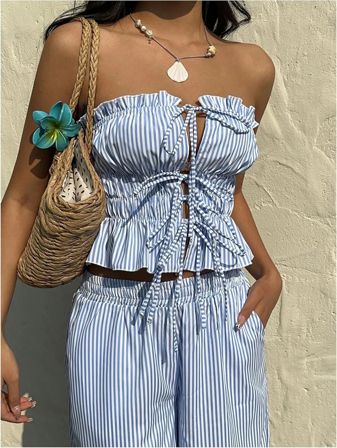 WDIRARA Women's 2 Piece Set Striped Strapless Bandeau Wide Leg Pants Pants Outfits