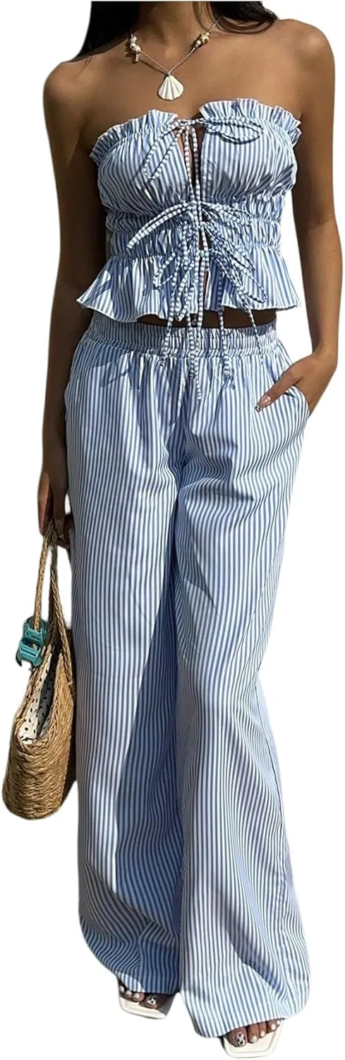 WDIRARA Women's 2 Piece Set Striped Strapless Bandeau Wide Leg Pants Pants Outfits