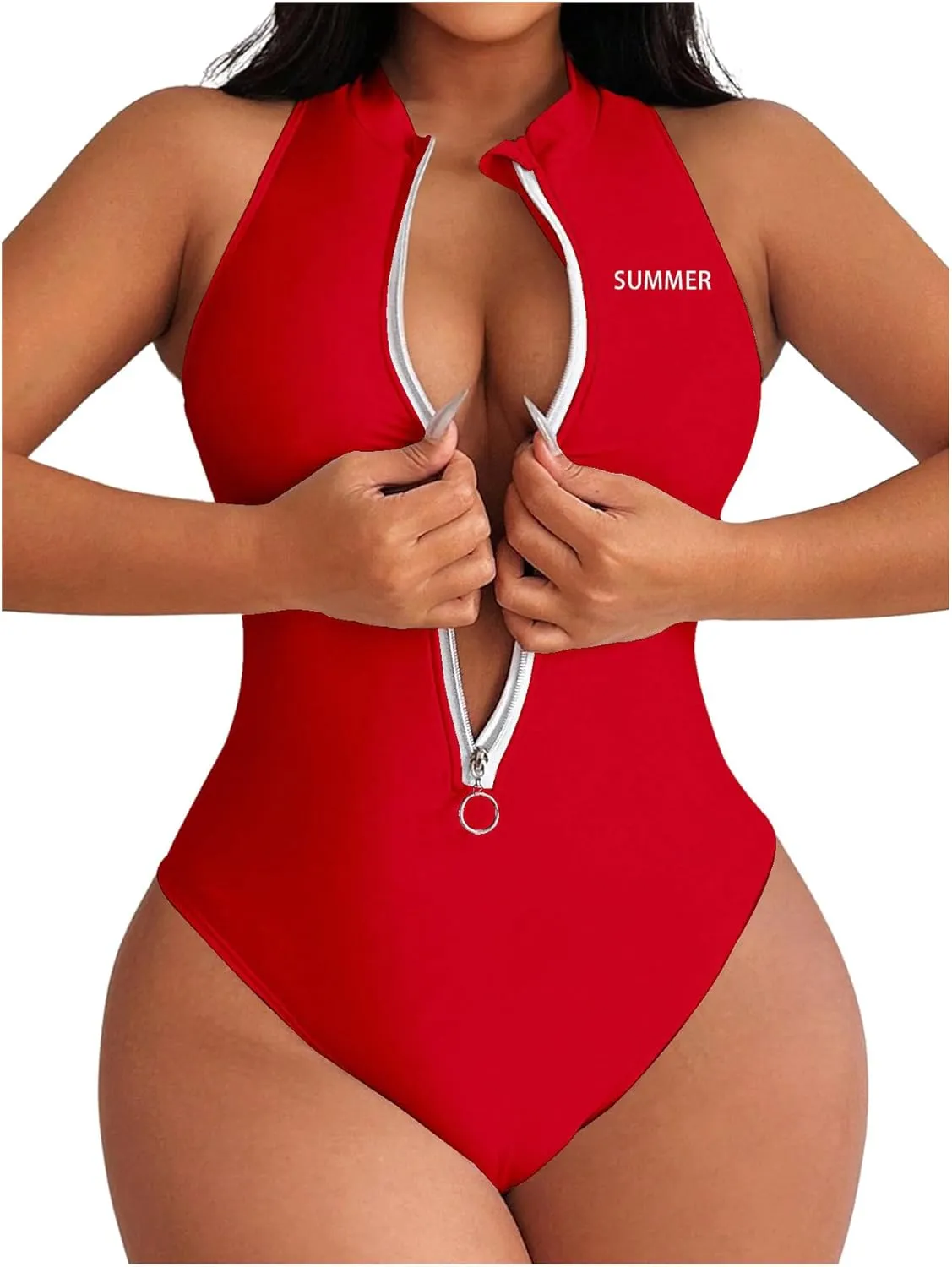 WDIRARA Women's Zip Front One Piece Swimsuit Letter Print Bathing Suits Sleeveless Racer Back Swimwear