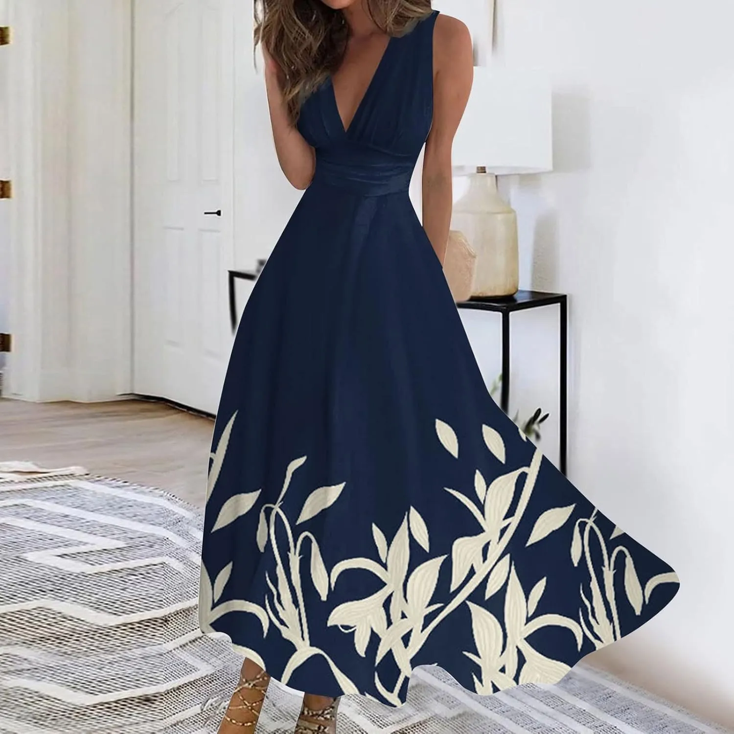 Wedding Guest Dresses for Women, Trendy Sleeveless V-Neck Flowy Long Dress Summer Floral Print Sexy Cocktail Dresses