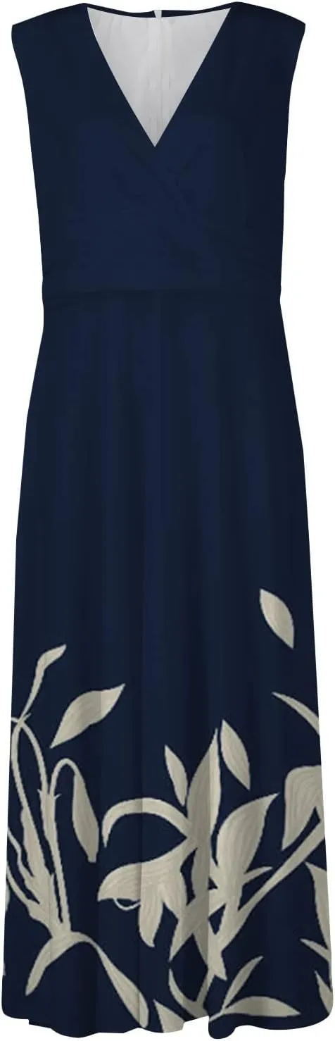 Wedding Guest Dresses for Women, Trendy Sleeveless V-Neck Flowy Long Dress Summer Floral Print Sexy Cocktail Dresses