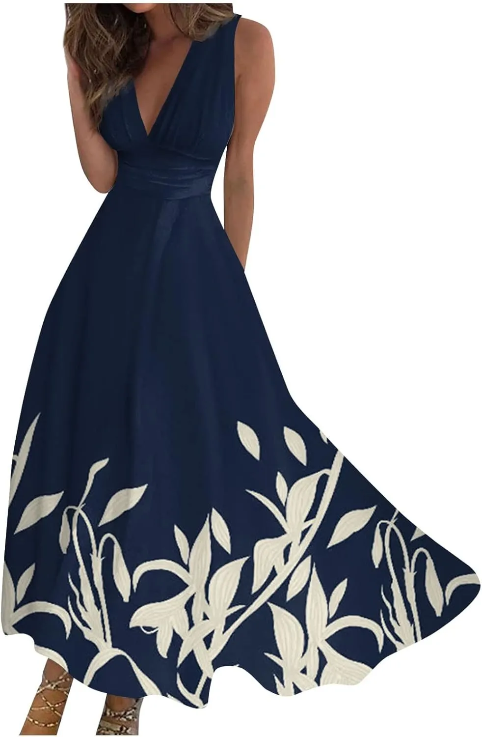 Wedding Guest Dresses for Women, Trendy Sleeveless V-Neck Flowy Long Dress Summer Floral Print Sexy Cocktail Dresses