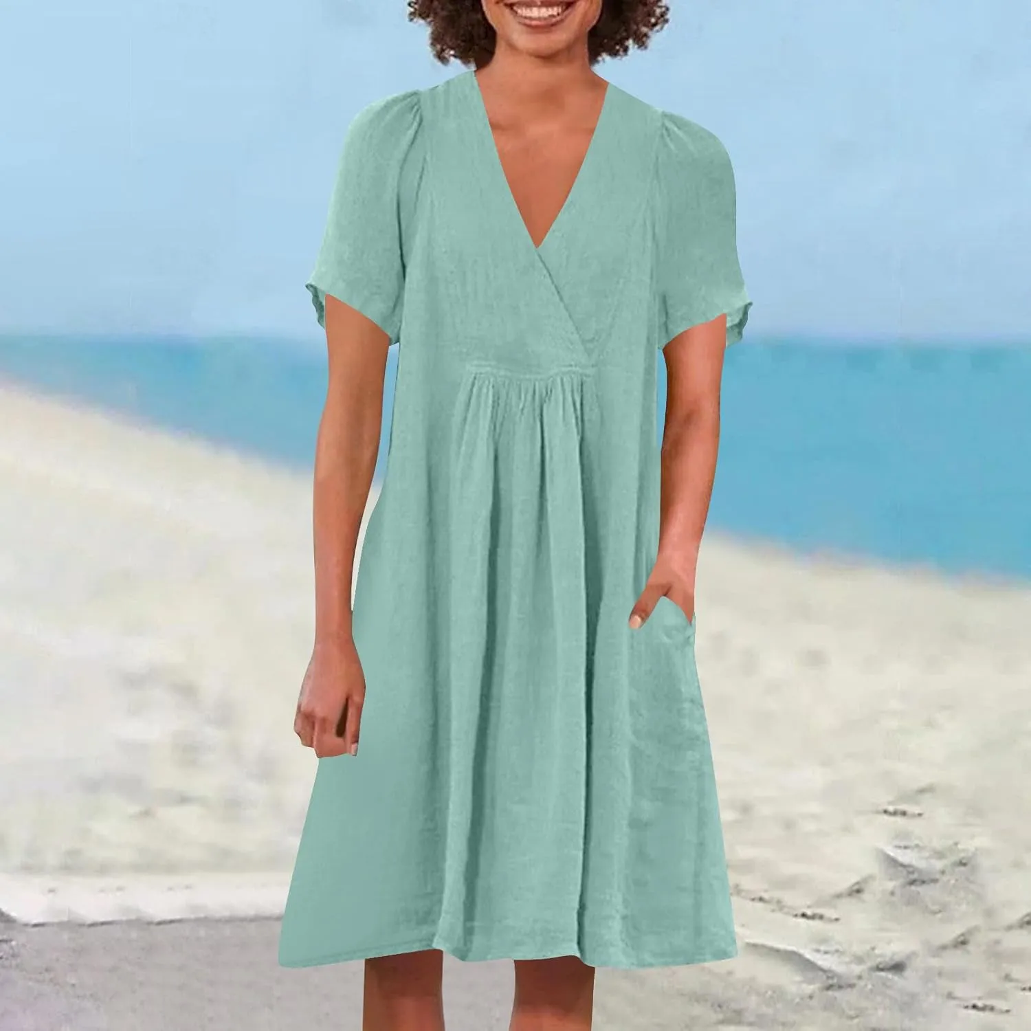 Wome Wrap V Neck Pleated Mini Dress Summer Cotton Linen Short Sleeve Casual T Shirt Dresses Solid Trendy Beach Vacation Dress