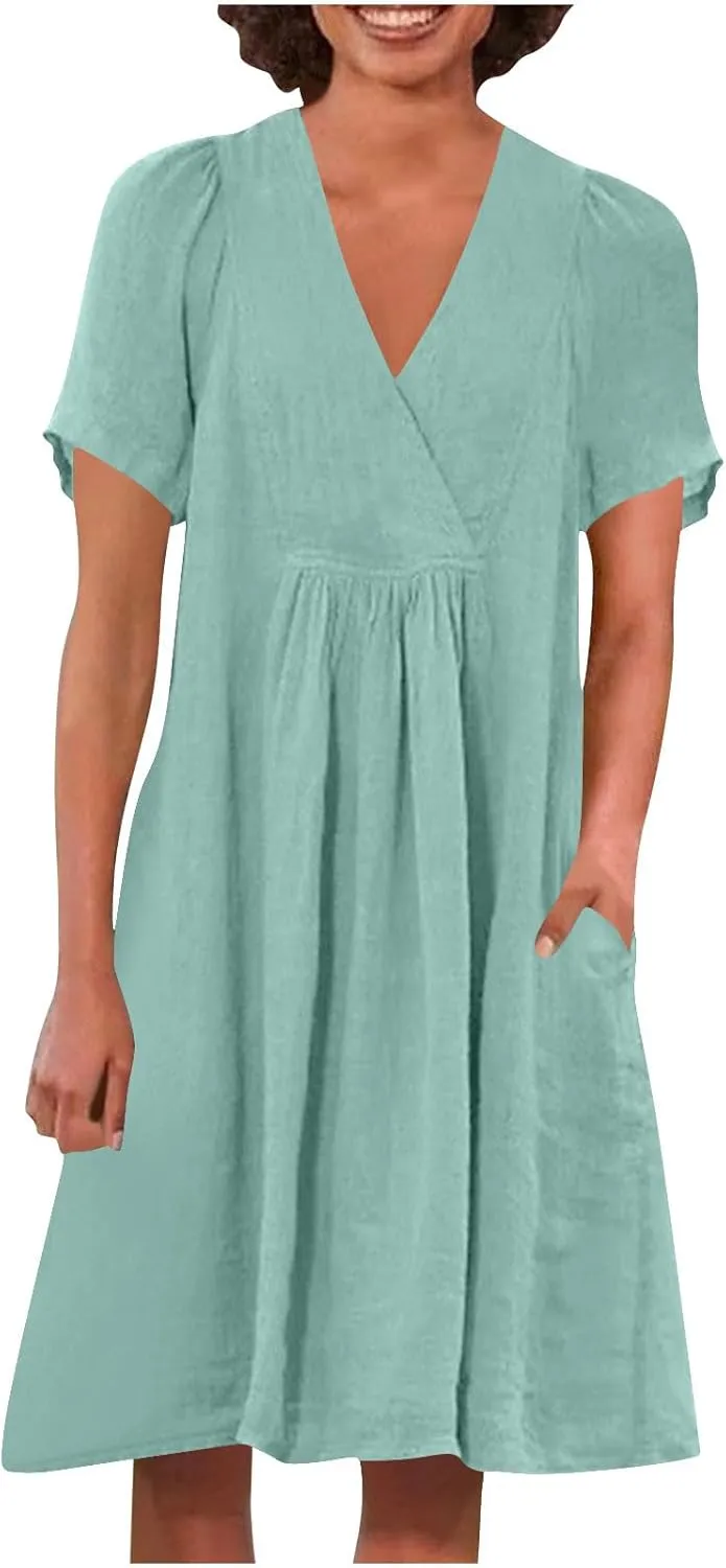 Wome Wrap V Neck Pleated Mini Dress Summer Cotton Linen Short Sleeve Casual T Shirt Dresses Solid Trendy Beach Vacation Dress