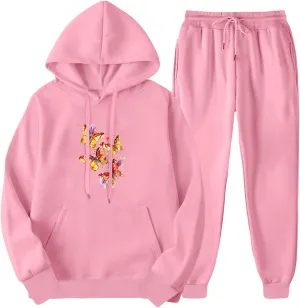 Women 2 Piece Outfits Lounge Sets Cute Butterfly Graphic Hoodie Sweatshirt Sweatpants Tracksuit Sweatsuit Set Pockets