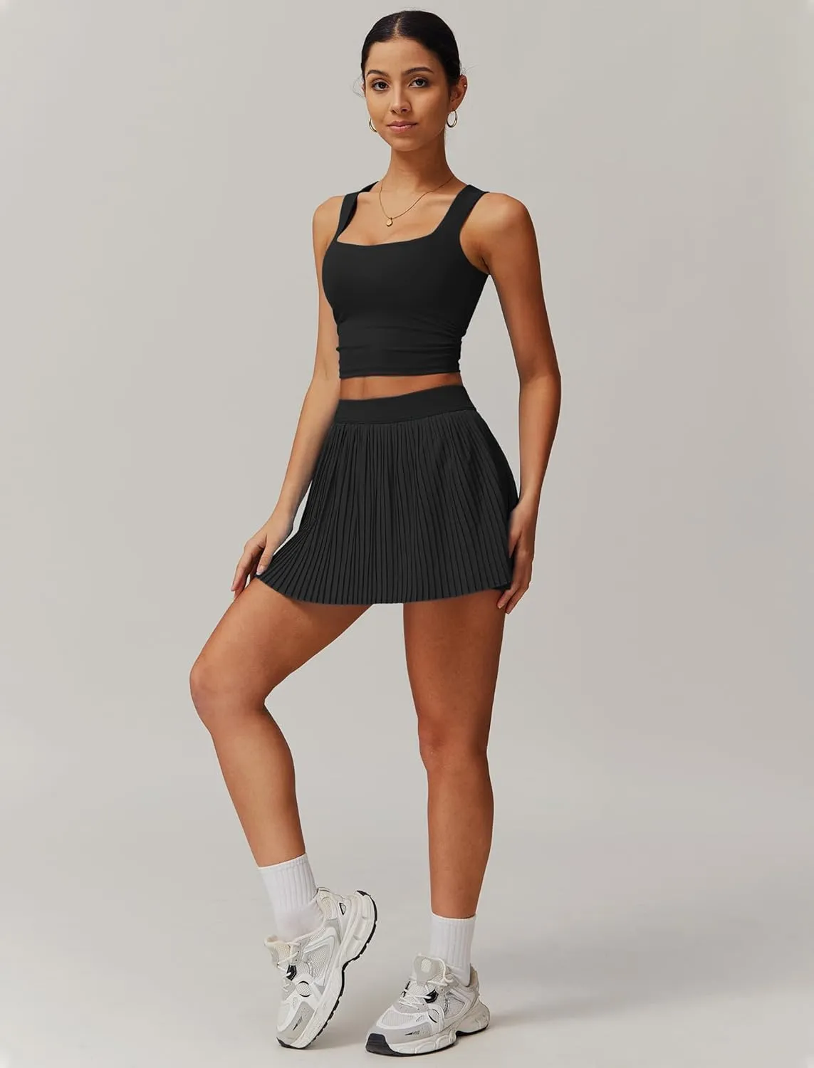 Women 2 Piece Tennis Dress Square Neck Tank Top with High Waisted Pleated Workout Skorts Skirt Set Yoga Golf Outfits