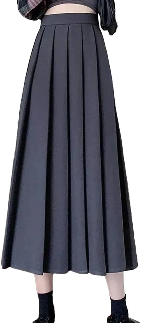 Women Black Vintage High Waist Pleated Skirt. Women Style Midi Long Skirt. Casual Female A-Line Skirts.