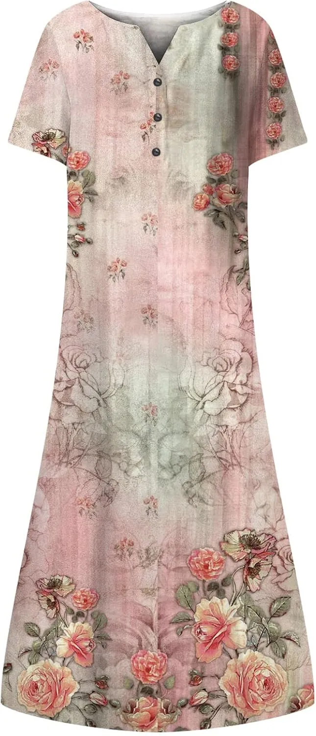 Women Boho Summer Dress 2024 Casual Short Sleeve Button V Neck Baggy Flowy A-Line Maxi Dresses