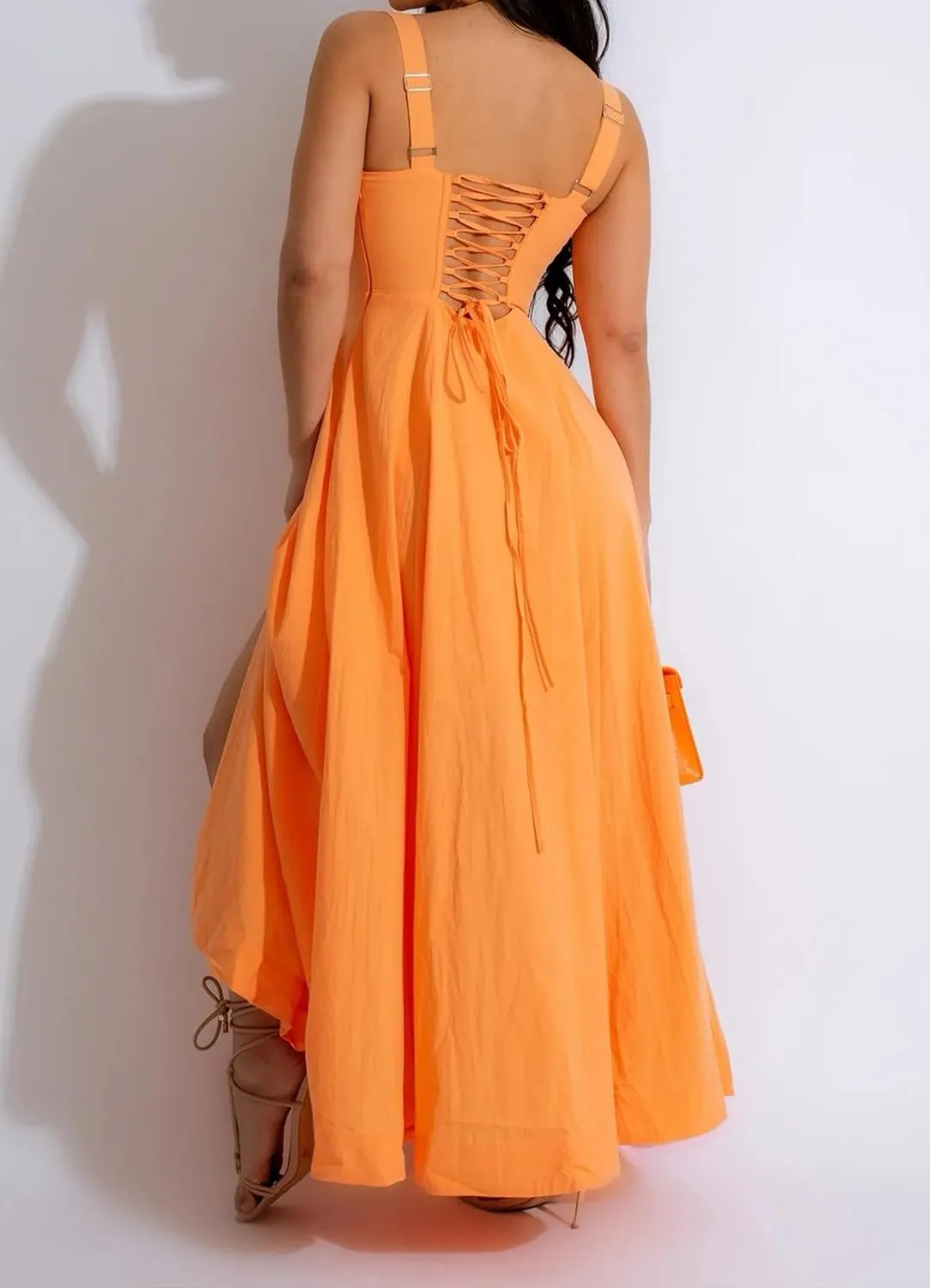 Women Casual Corset Dress Sleeveless Lace Up Ruched Bodycon Split Tie Square Neck A Line Boho Flowy Maxi Sundress