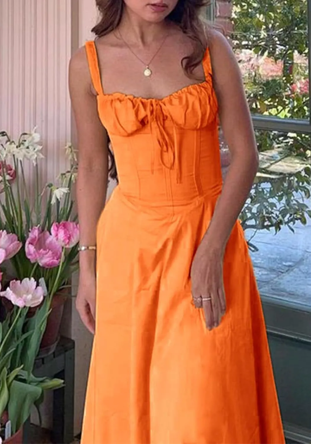 Women Casual Corset Dress Sleeveless Lace Up Ruched Bodycon Split Tie Square Neck A Line Boho Flowy Maxi Sundress