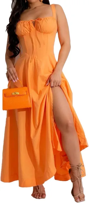 Women Casual Corset Dress Sleeveless Lace Up Ruched Bodycon Split Tie Square Neck A Line Boho Flowy Maxi Sundress