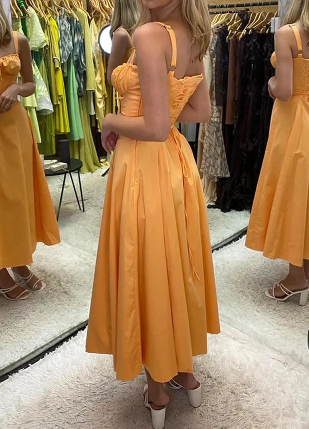 Women Casual Corset Dress Sleeveless Lace Up Ruched Bodycon Split Tie Square Neck A Line Boho Flowy Maxi Sundress