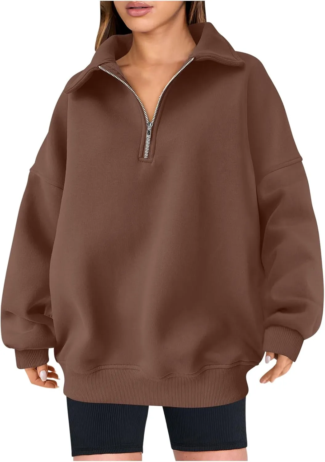Women Casual Half Zip Oversized Sweatshirts Long Sleeve Plain Collared Hoodie Drop Shoulder Fleece Fall Pullover