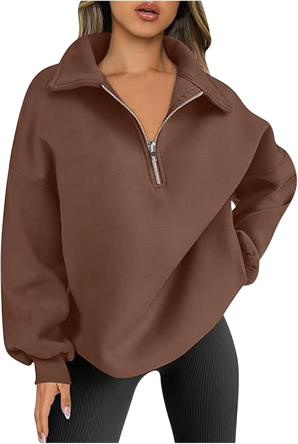 Women Casual Half Zip Oversized Sweatshirts Long Sleeve Plain Collared Hoodie Drop Shoulder Fleece Fall Pullover
