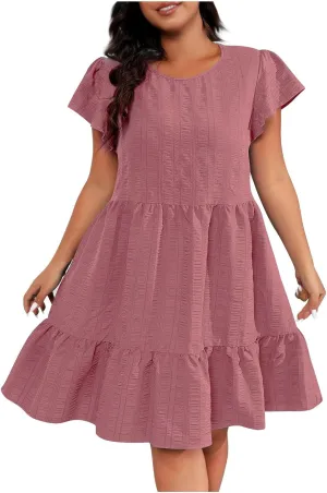 Women Dresses 2024 Puff Short Sleeve Crew Neck Textured Casual Tiered Ruffle A-Line Swing Mini Babydoll Dress Plus Size