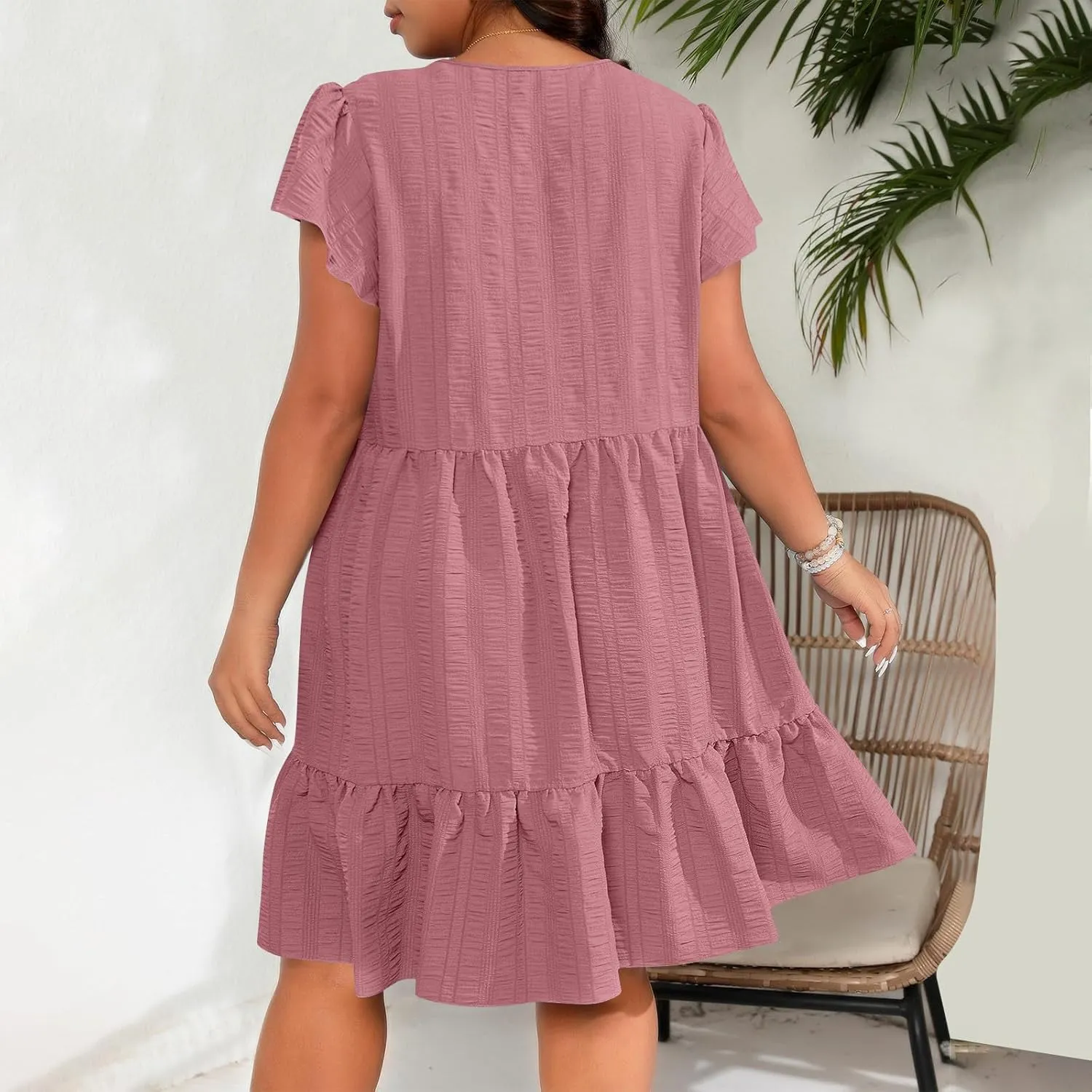 Women Dresses 2024 Puff Short Sleeve Crew Neck Textured Casual Tiered Ruffle A-Line Swing Mini Babydoll Dress Plus Size