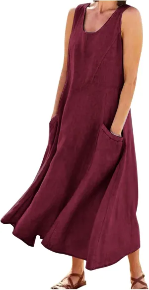 Women Dresses Linen Dress Summer Beach Dress Sleeveless Boho Maxi Long Dresses Casual with Pockects