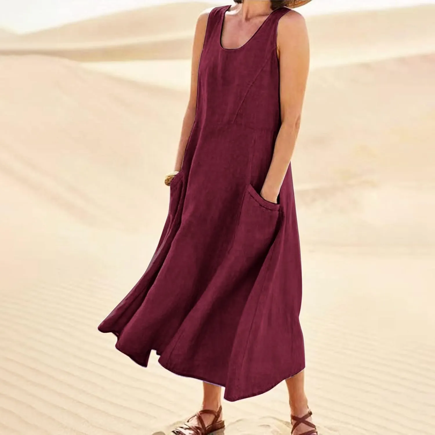Women Dresses Linen Dress Summer Beach Dress Sleeveless Boho Maxi Long Dresses Casual with Pockects