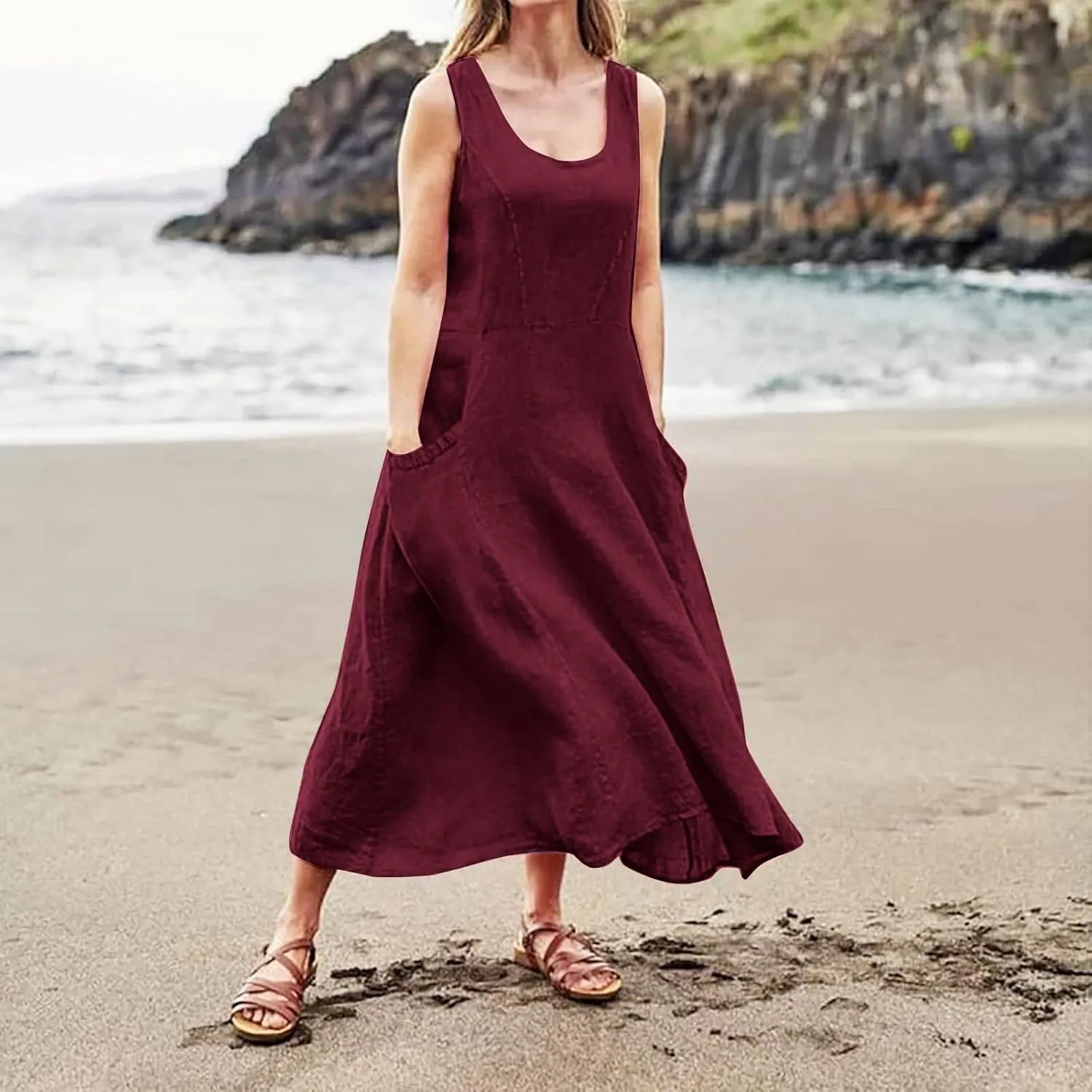 Women Dresses Linen Dress Summer Beach Dress Sleeveless Boho Maxi Long Dresses Casual with Pockects