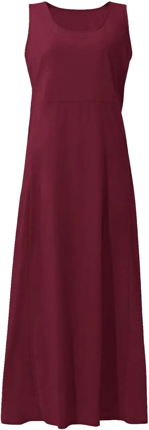 Women Dresses Linen Dress Summer Beach Dress Sleeveless Boho Maxi Long Dresses Casual with Pockects