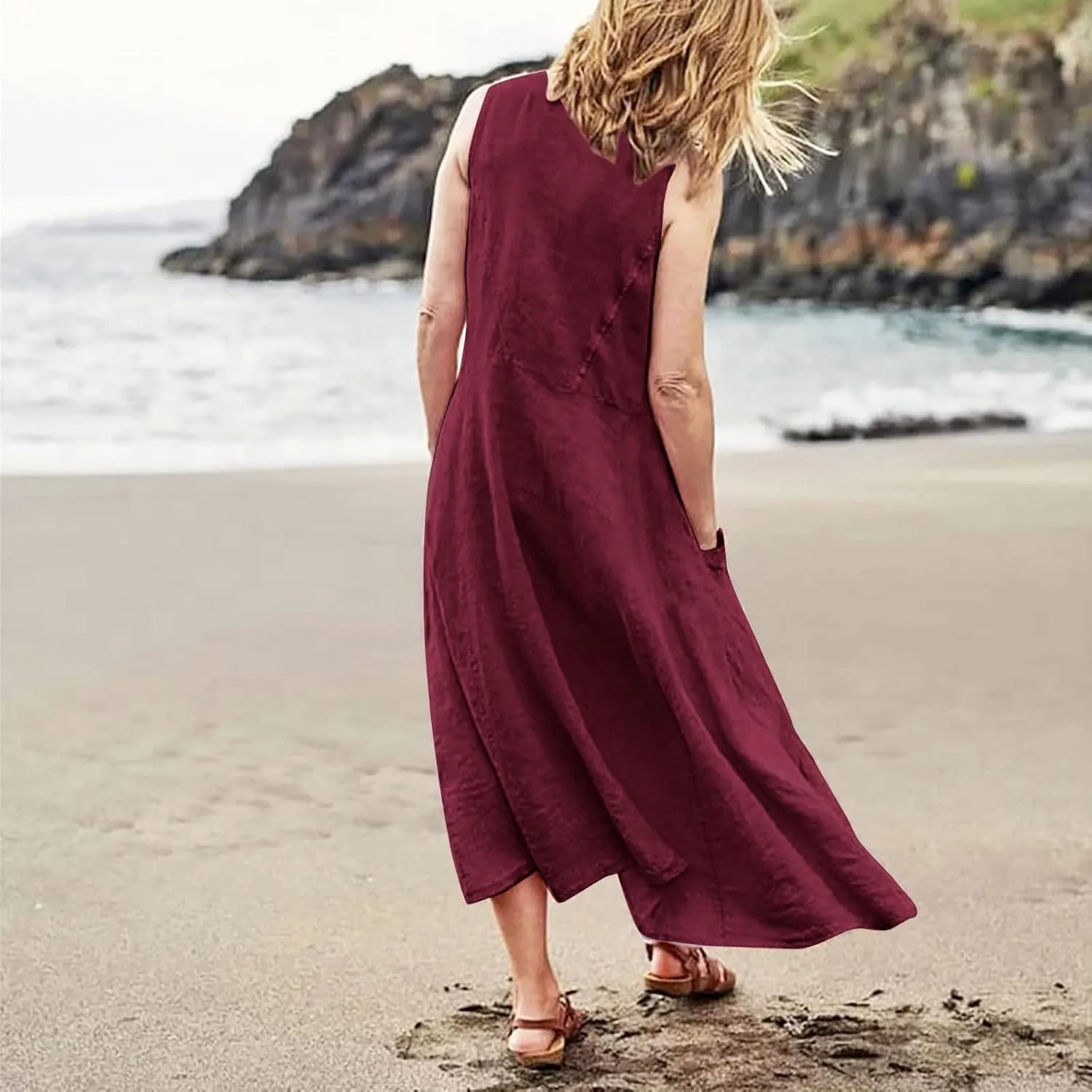 Women Dresses Linen Dress Summer Beach Dress Sleeveless Boho Maxi Long Dresses Casual with Pockects