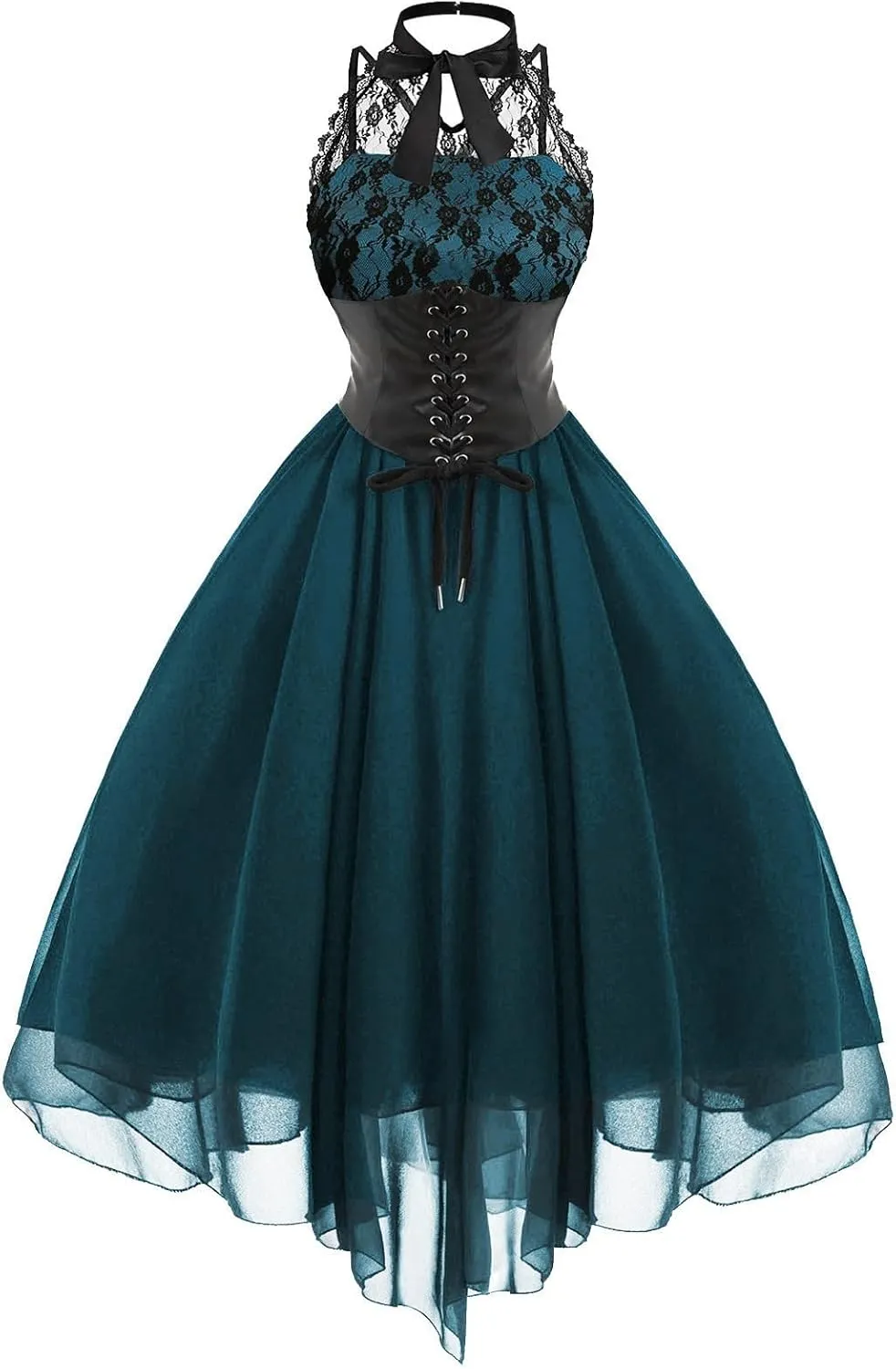 Women Gothic Sexy Dress Lace Panel Chiffon Dress Sexy Banquet Evening Dresses Goth Style Lace Halter Dress Swing Dress