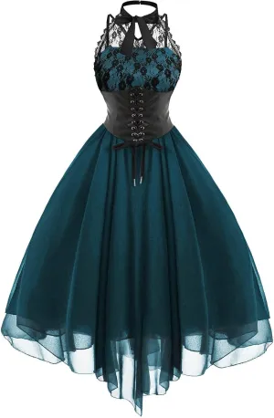 Women Gothic Sexy Dress Lace Panel Chiffon Dress Sexy Banquet Evening Dresses Goth Style Lace Halter Dress Swing Dress