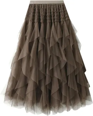 Women High Elastic Waist Mesh Layered Long Fairy Tulle Skirt Irregular Hem Pleated Tutu A-Line Midi Skirts