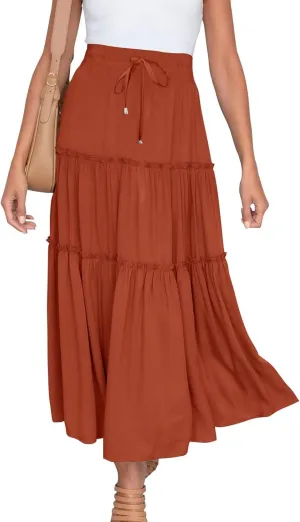 Women High Waist Midi Length Skirts A-Line Pleated Dressy Flowy Long Skirts Casual Ladies Business Skirts with Pockets