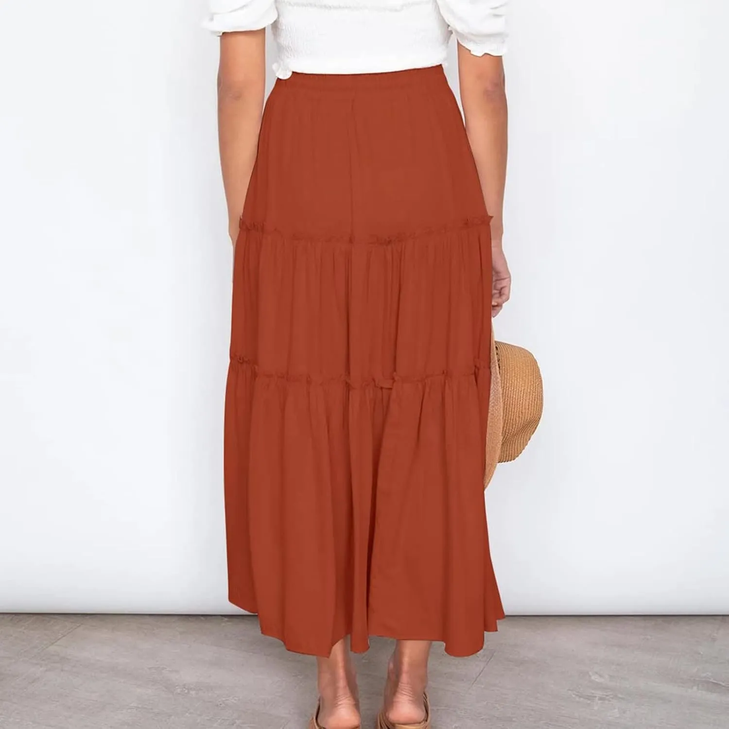 Women High Waist Midi Length Skirts A-Line Pleated Dressy Flowy Long Skirts Casual Ladies Business Skirts with Pockets