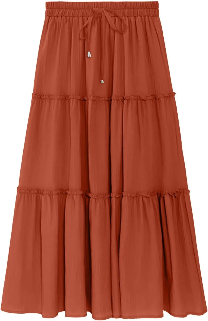 Women High Waist Midi Length Skirts A-Line Pleated Dressy Flowy Long Skirts Casual Ladies Business Skirts with Pockets