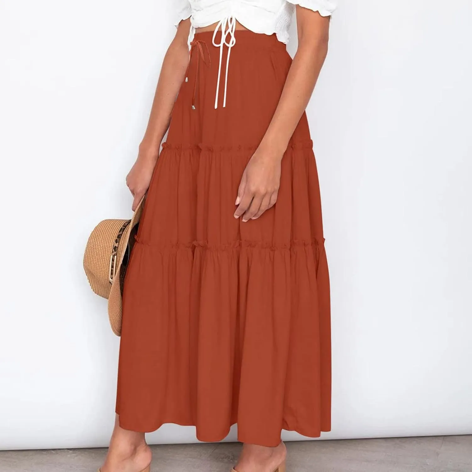 Women High Waist Midi Length Skirts A-Line Pleated Dressy Flowy Long Skirts Casual Ladies Business Skirts with Pockets