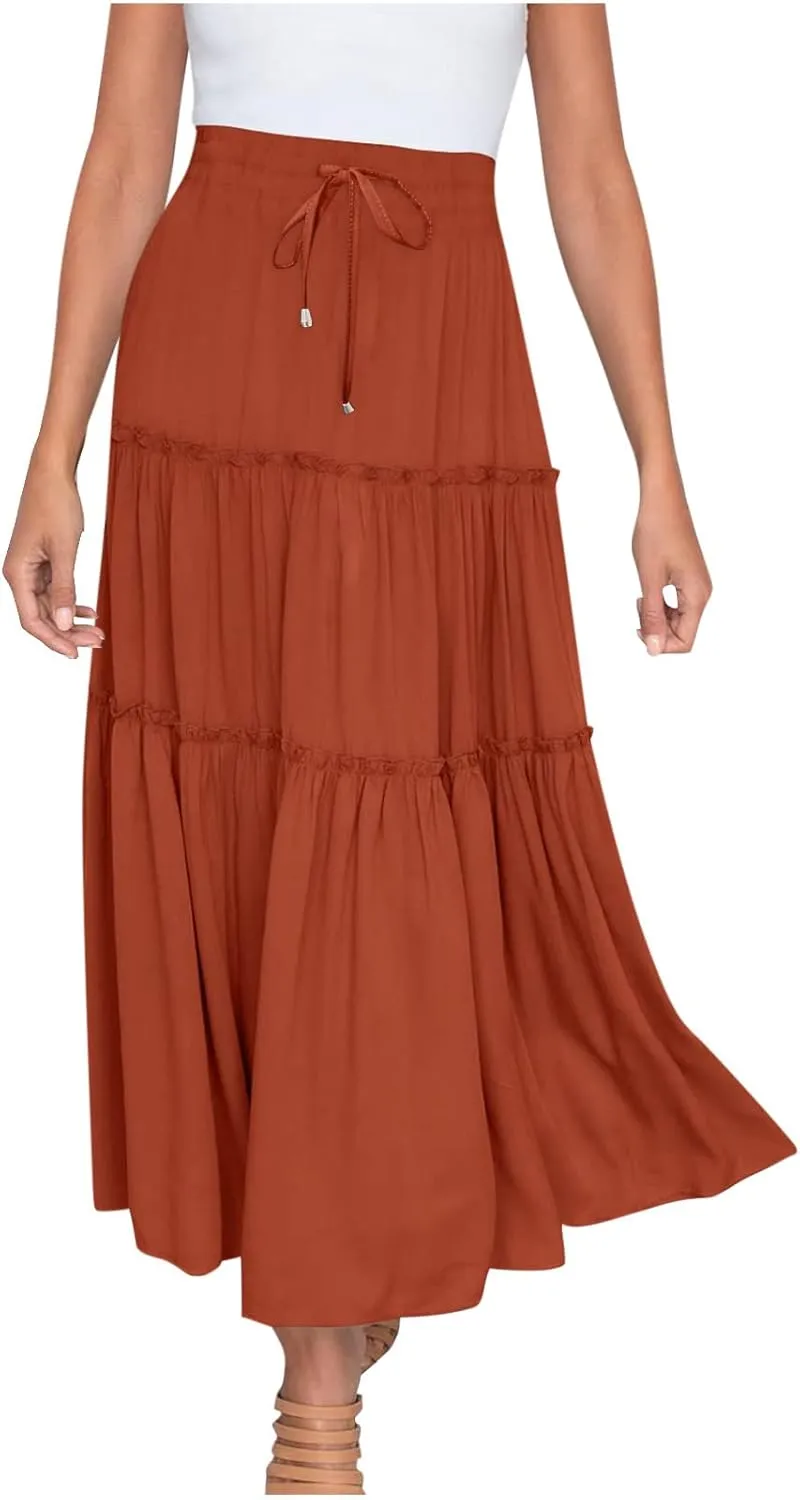 Women High Waist Midi Length Skirts A-Line Pleated Dressy Flowy Long Skirts Casual Ladies Business Skirts with Pockets