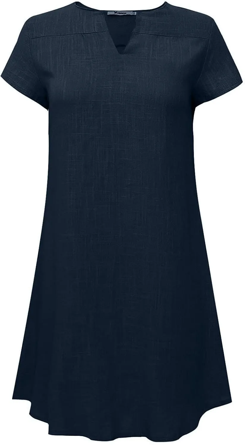 Women Linen Shirt Dresses Summer Bohemian Style Beach Sundress Fashion Solid Color Short Sleeves V-Neck Midi Dress