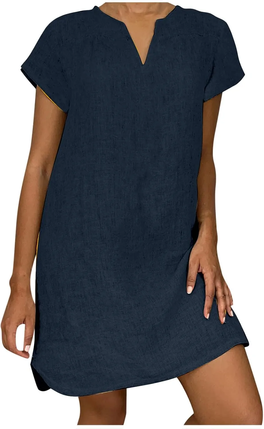 Women Linen Shirt Dresses Summer Bohemian Style Beach Sundress Fashion Solid Color Short Sleeves V-Neck Midi Dress