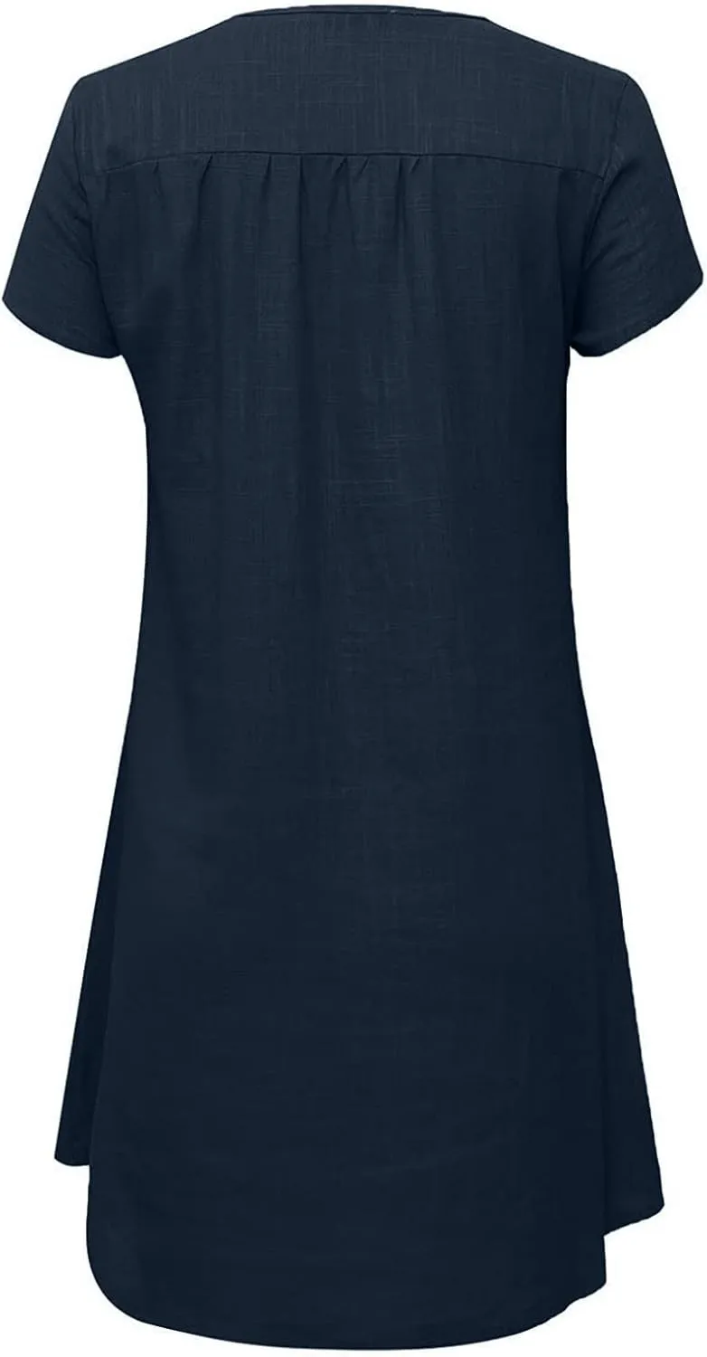 Women Linen Shirt Dresses Summer Bohemian Style Beach Sundress Fashion Solid Color Short Sleeves V-Neck Midi Dress