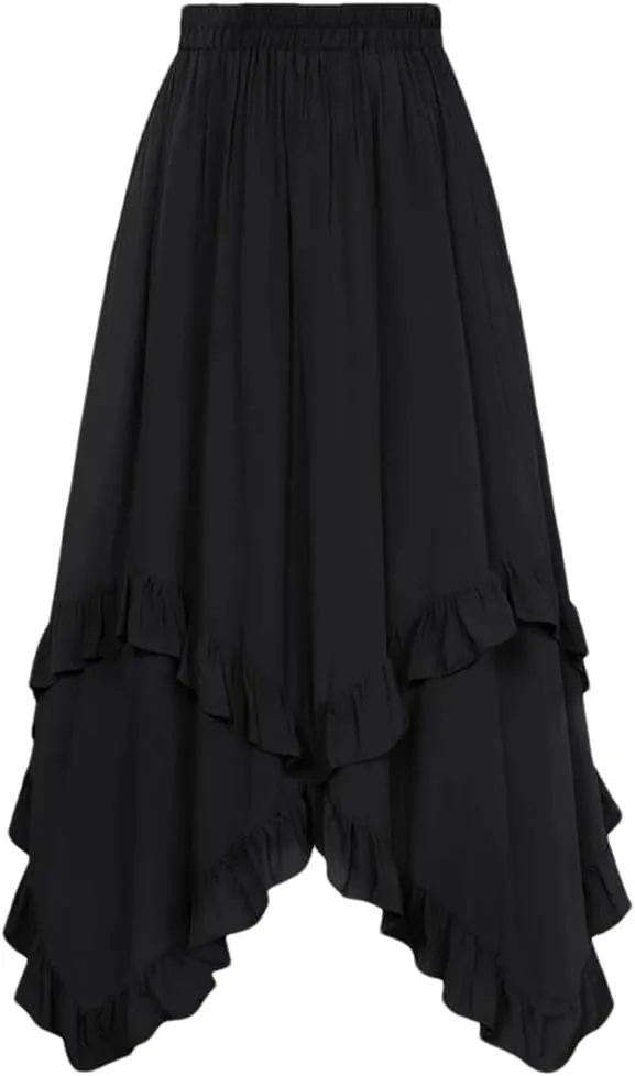 Women Lotus Leaves Swing Skirt Casual Elastic A-Line Long Skirts Women's Pleated Midi Skirt