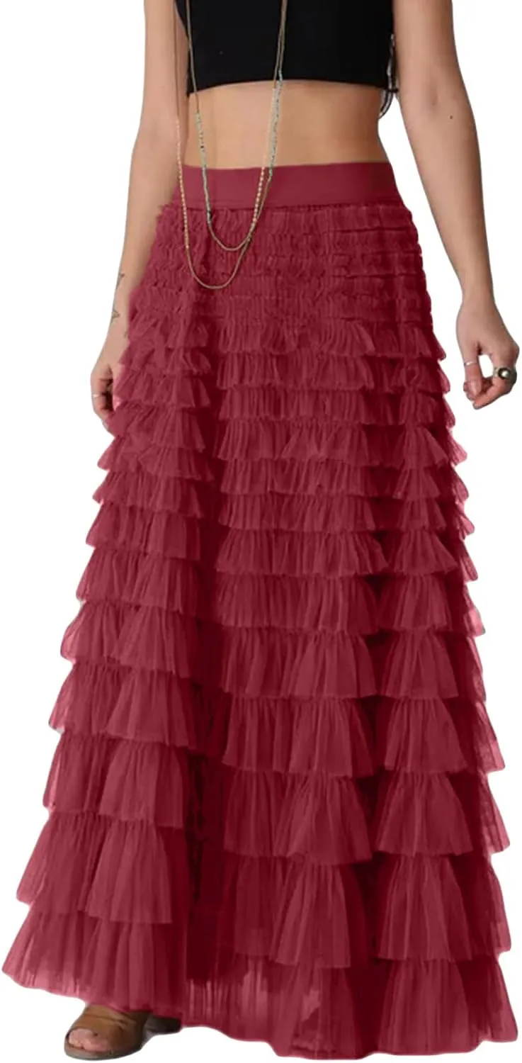 Women Mesh Tutu Maxi Skirts Sequin Glitter Layered Elastic High Waist A-Line Swing Skirts Y2k Party Streetwear