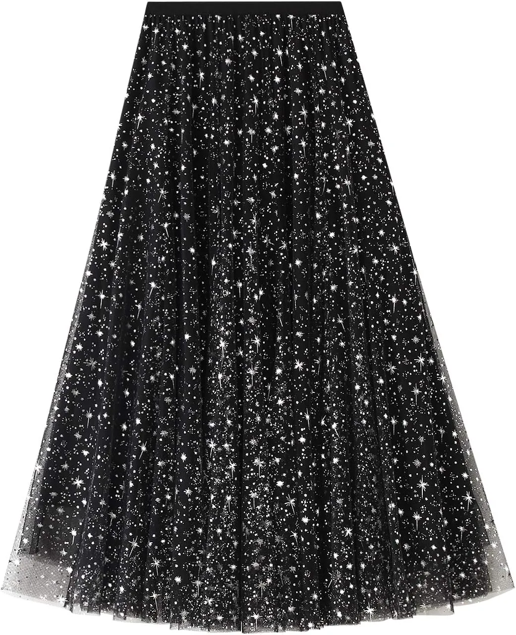 Women Mesh Tutu Maxi Skirts Sequin Glitter Layered Elastic High Waist A-Line Swing Skirts Y2k Party Streetwear