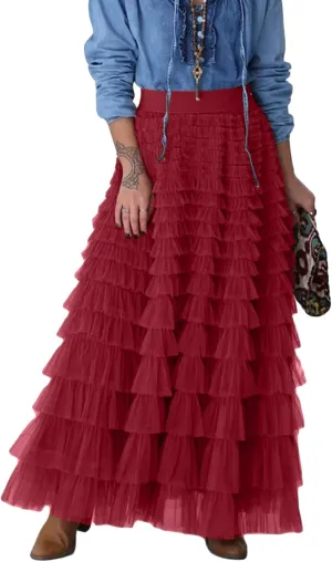 Women Mesh Tutu Maxi Skirts Sequin Glitter Layered Elastic High Waist A-Line Swing Skirts Y2k Party Streetwear