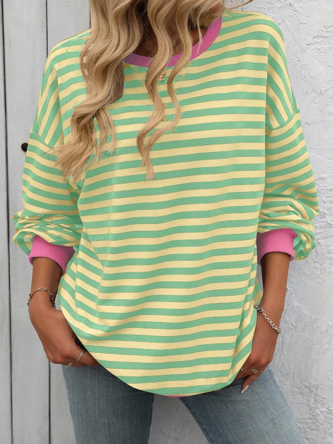 Women Oversized Striped Sweatshirt Loose Pullover Long Sleeve Fall 2024 Casual Hoodies Y2K Crew Neck Sweater