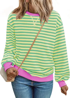 Women Oversized Striped Sweatshirt Loose Pullover Long Sleeve Fall 2024 Casual Hoodies Y2K Crew Neck Sweater