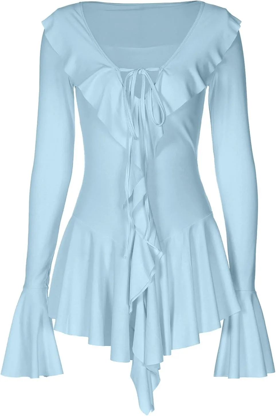 Women Sexy V Neck Tie Front Ruffle Mini Dress Autumn Long Sleeve Casual Slim Fit Solid Ruched Women Dresses Knee