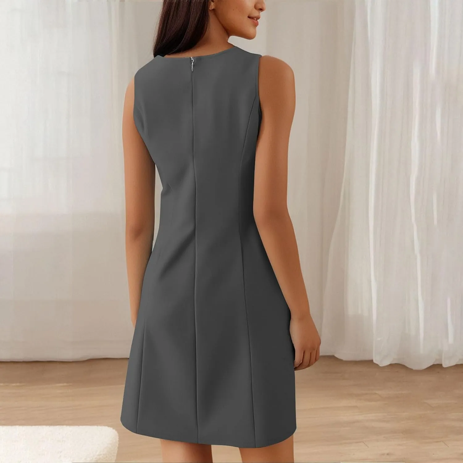 Women Summer A-Line Sleeveless Boat Neck Mini Dress Trendy Club Party Little Short Dresses Solid Color Tshirt Dress