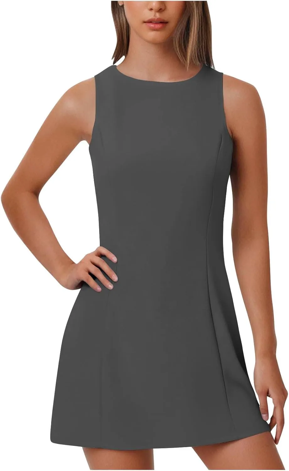 Women Summer A-Line Sleeveless Boat Neck Mini Dress Trendy Club Party Little Short Dresses Solid Color Tshirt Dress