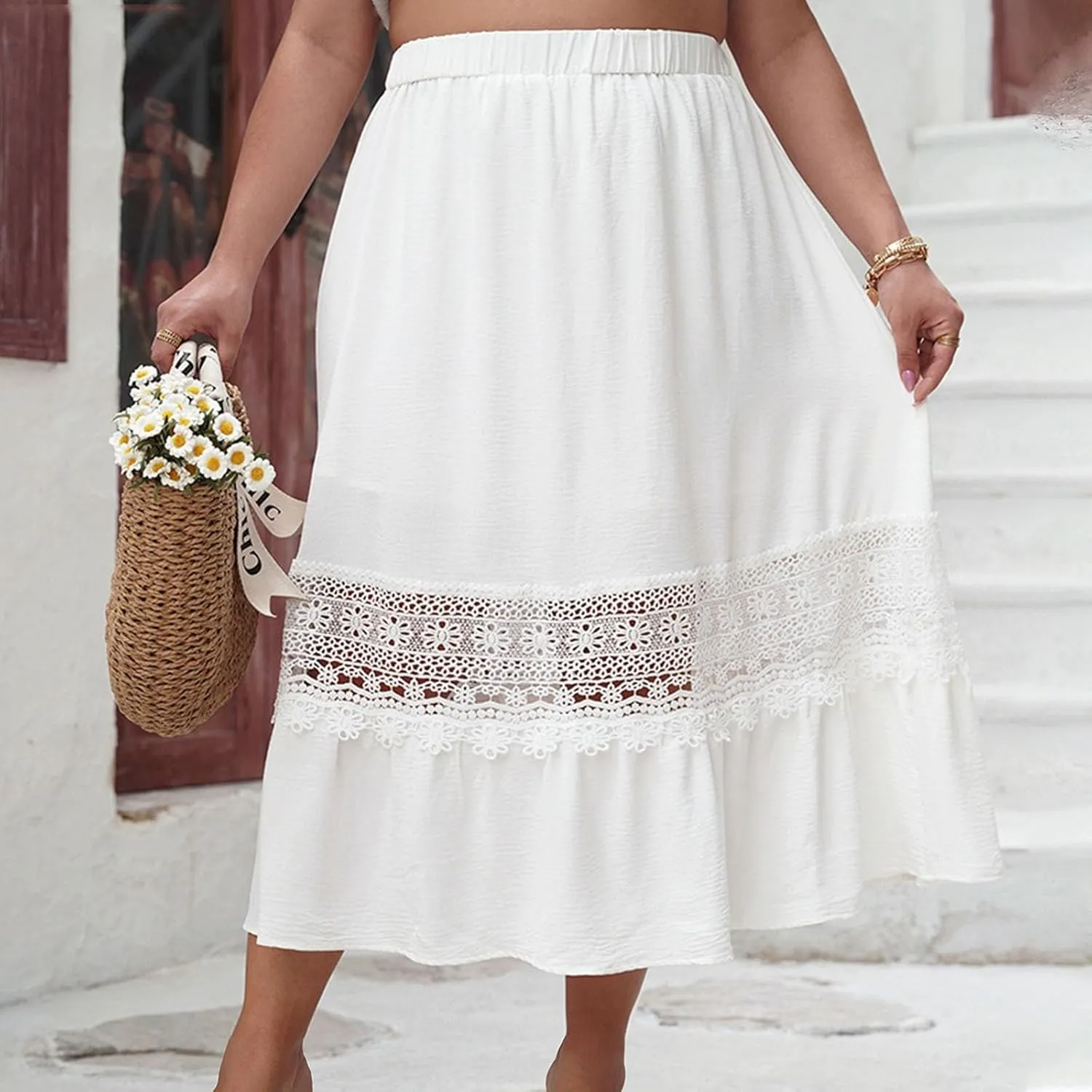 Women Summer Beach Skirts 2025 Vacation Boho Style Midi Skirt Loose Elastic Waist Casual Half Dress Resort Wear