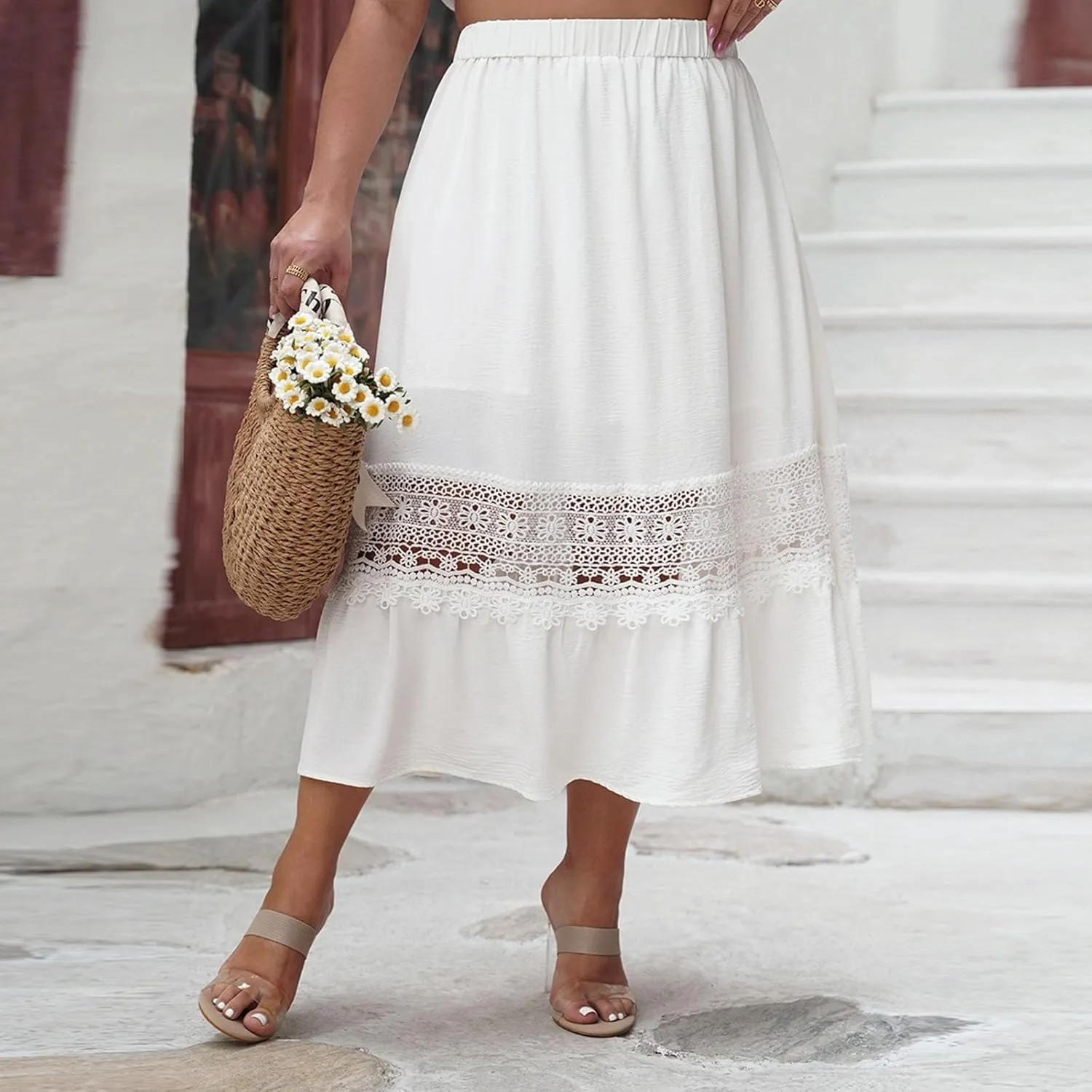 Women Summer Beach Skirts 2025 Vacation Boho Style Midi Skirt Loose Elastic Waist Casual Half Dress Resort Wear